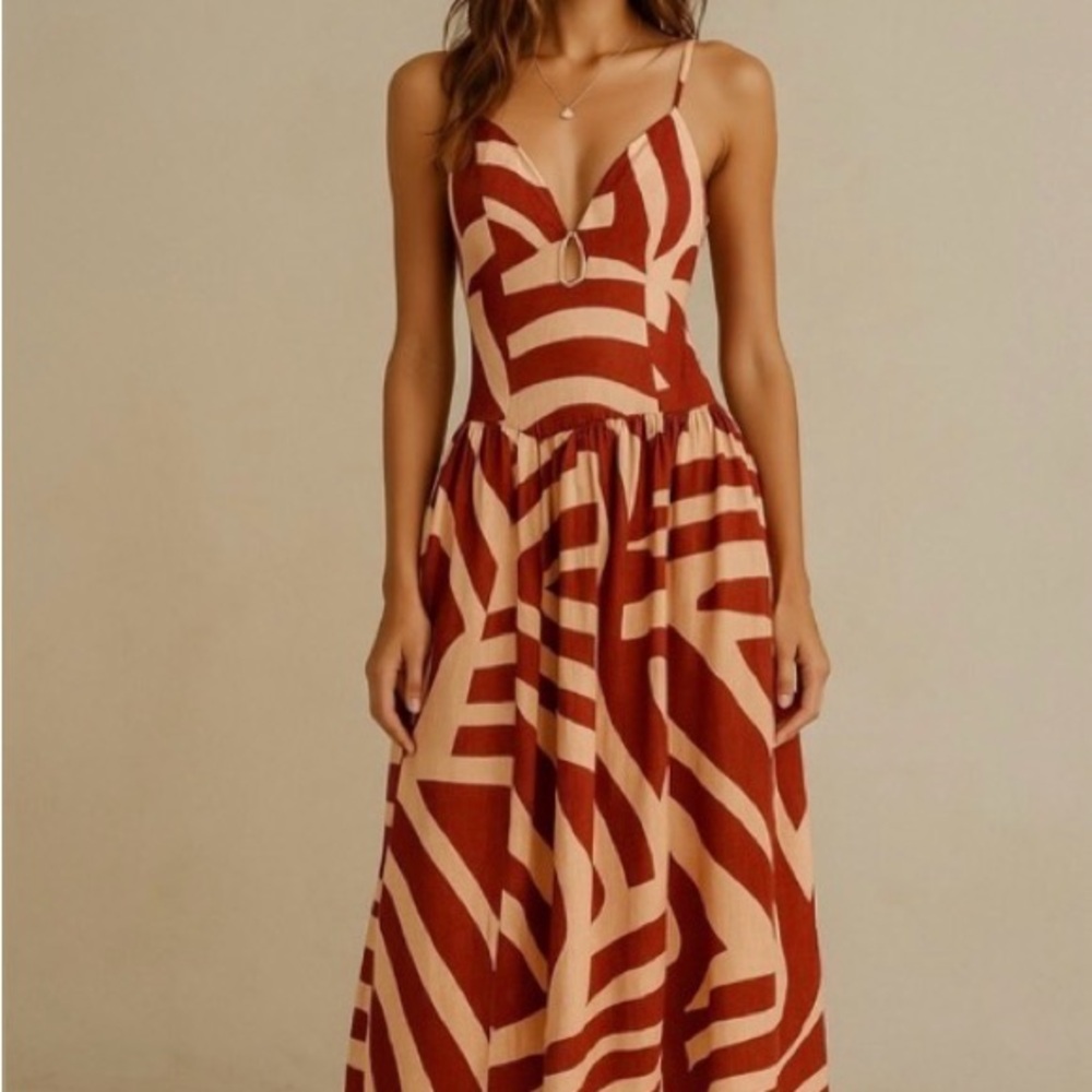 Elegant Brown and Cream Patterned Maxi Dress